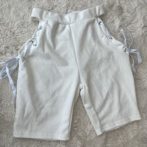 White Cutout Ribbed Laced up Biker Shorts